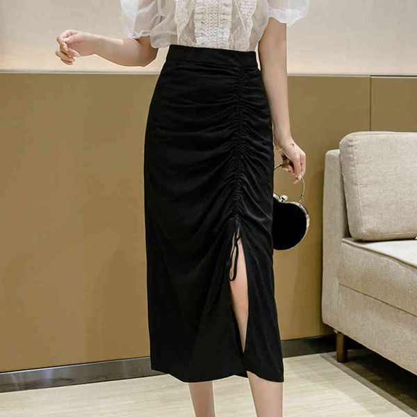 

casual dresses female skirts folds drawstring high waist womens spring slim midi a-line skirt women clothing mujer faldas q9to, Black;gray