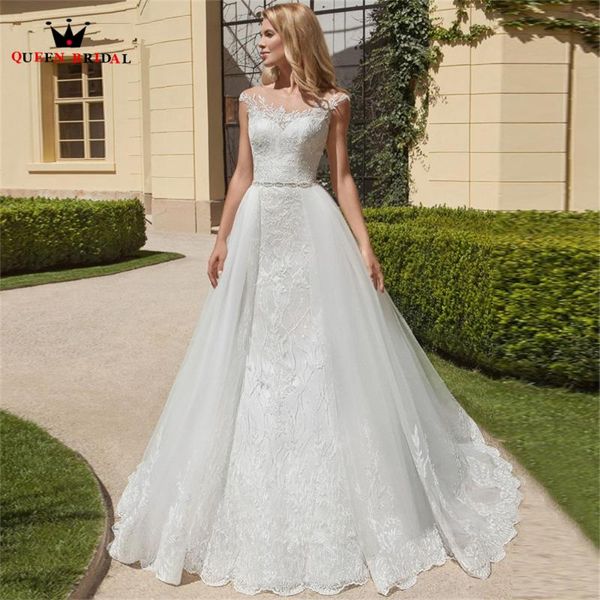 

other wedding dresses mermaid with detachable skirt tulle lace appliques crystal belt bridal gown 2022 custom made ds127, White