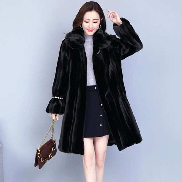 

women's fur & faux winter mink coat long large size slim whole, Black