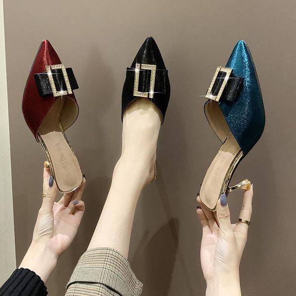 

slippers vogue bling metal buckle women shoes woman mules thin mid heels female pointed toe gold slipper casual, Black