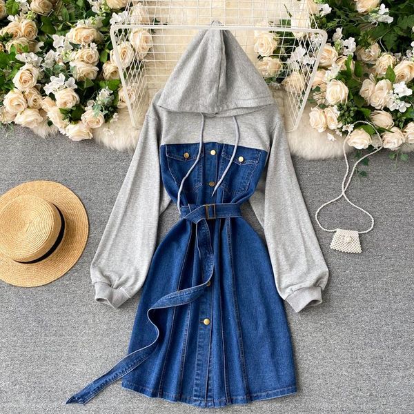 

foamlilna hooded denim dress women fashion long sleeve cotton sweatshirt patchwork buttons a-line short jeans with belt casual dresses, Black;gray