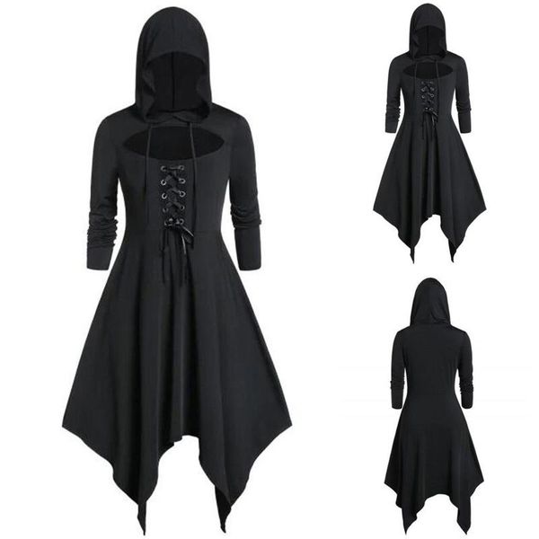 

casual dresses womens fashion solid colors hooded hollow out lace-up long sleeve drawstring vintage cloak irregular party dress vestidos#g3, Black;gray