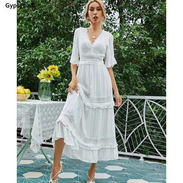 Gypsylady laço branco maxi dr100% algodão vintage mulheres verão férias drcasual chique plissado boho sexy senhoras vestidos de praia x0621