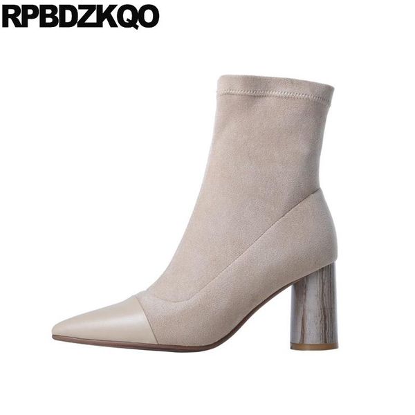 

boots brand women winter genuine leather suede shoes chunky high heel fall fur 2021 ankle elegant sheepskin ladies pointed toe, Black