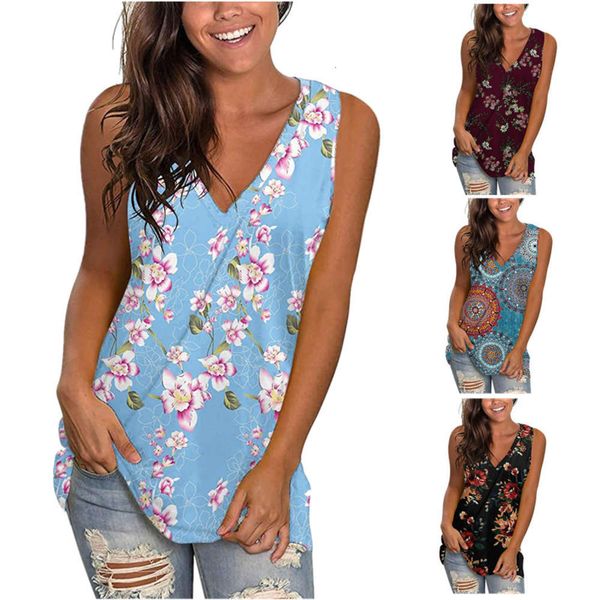

spring and summer women's v-neck print sleeveless vest blouse t shirt, White