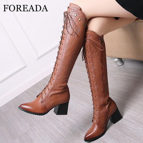 

boots foreada real leather high heel woman lace up thick long pointed toe knee zip rivet ladies shoes 42, Black