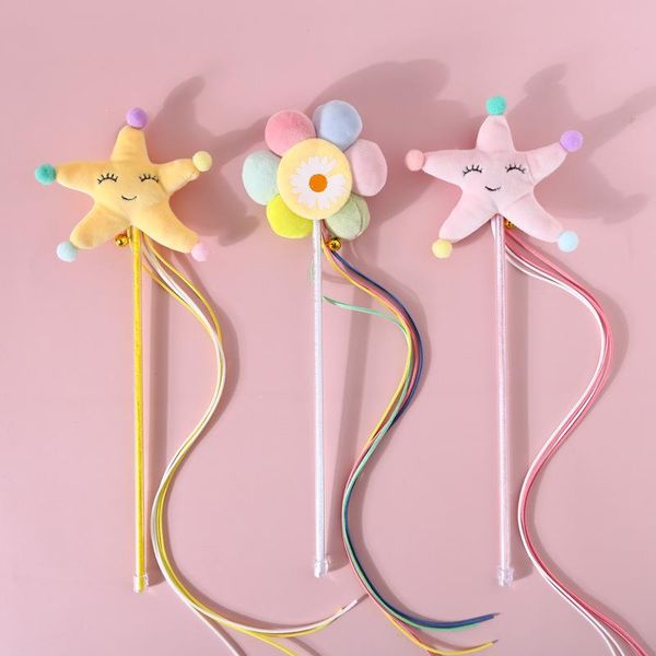 

pet cat toy plush starfish sun flower noise tassel with bell hand tease stick kitten interactive supplies toys
