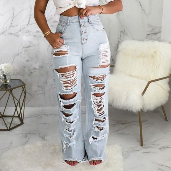 

women's jeans fashion womens straight hole bleached pocket woman high waist casual denim pants pantalones de mujer mezclilla#y2, Blue
