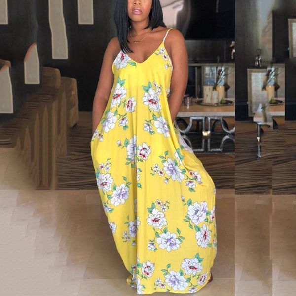 

casual dresses yellow spaghetti strap dress loose v neck floor length causal fashion evening night party club wear long vestidos mujer, Black;gray