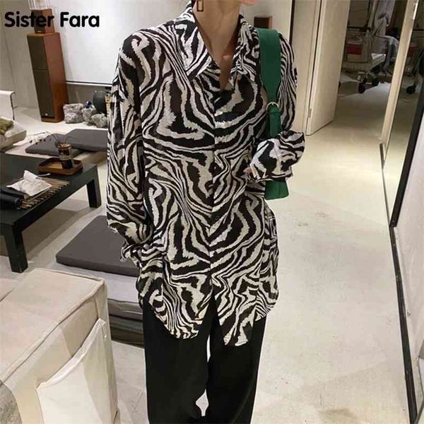 

sister fara new spring women's shirt loose zebra striped single breasted v-neck blouse woman long autumn fashion blouses 210401, White