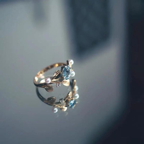 

cluster rings [sea of love] s925 sterling silver aquamarine ring gemstone inlaid akoya pearl open mouth exquisite, Golden;silver