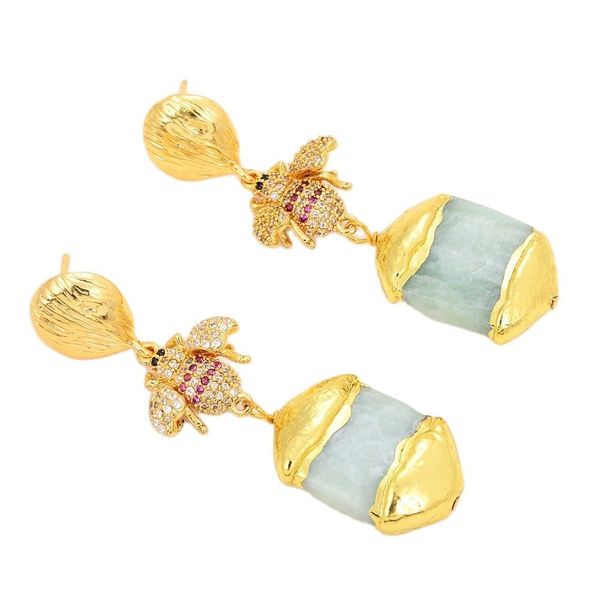

jk natural ite gems stone 24k golden plated cz pave bee beetle hook earrings