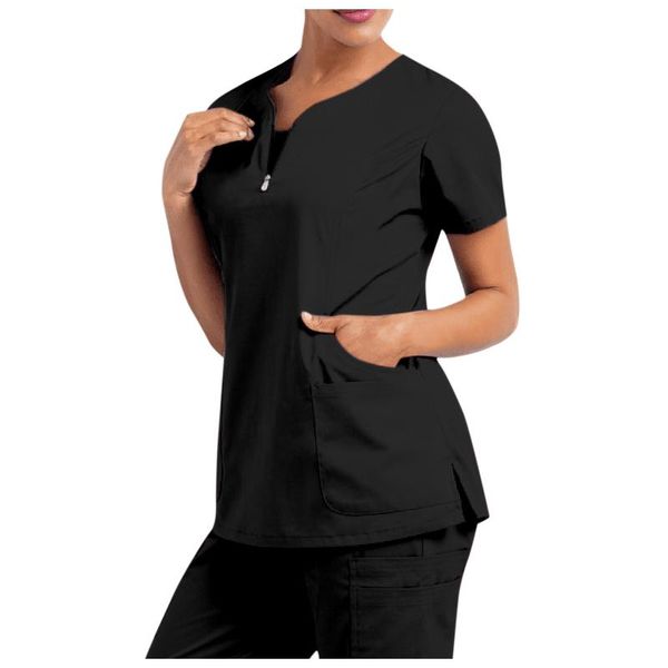 

summer women's fashion short sleeve v-neck solid pocket care workers t-shirt female loose tshirt poleras mujer#35, White