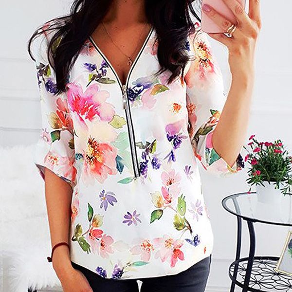 

and women shirts v neck floral zipper long sleeve casual shirt plus size 5xl, White