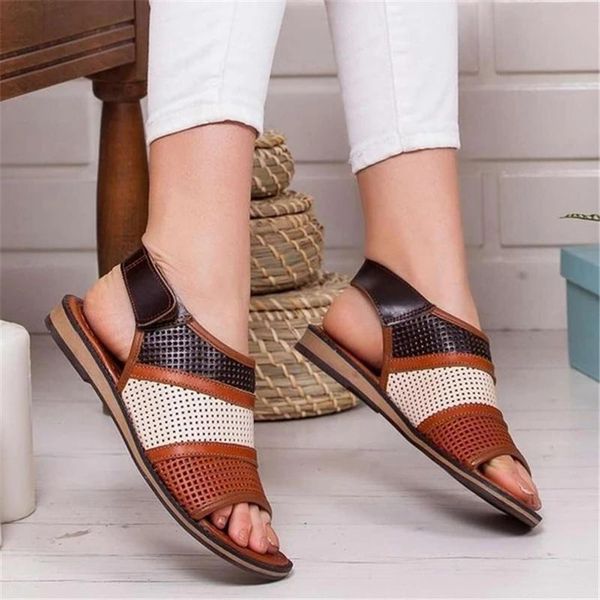 

sandals summer women flat hollow out ladies hook loop pu leather flats woman peep toe casual rome fashion female shoes, Black