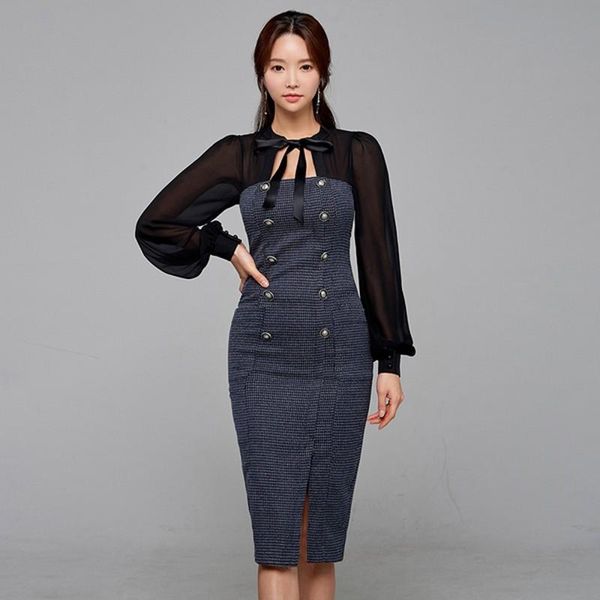 

casual dresses 2021 korea autumn elegant double-breasted chiffon patchwork plaid tweed vintage office ol lady bow tie party pencil, Black;gray