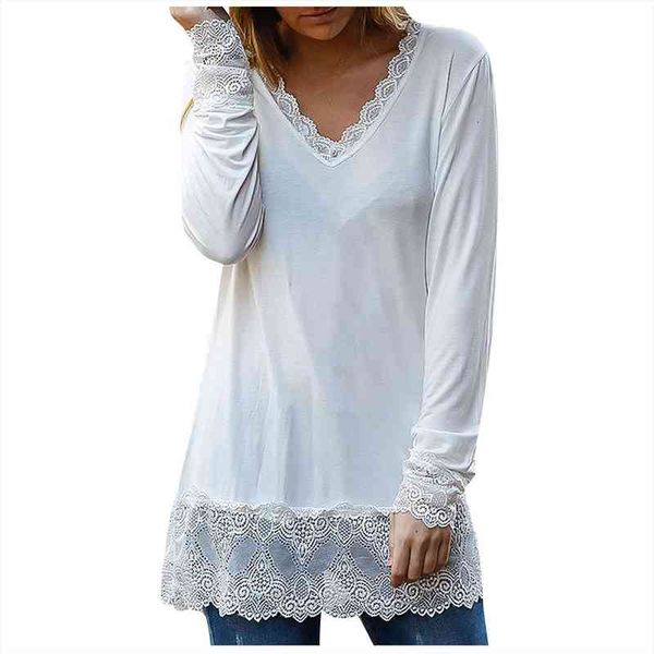 

5xl plus size lace women blouses patchwork long sleeves solid v neck blousess easy soild spring shirts casual, White