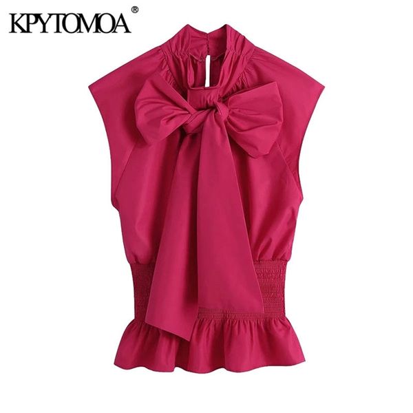 

women fashion smocked elastic hem with ruffled blouses bow tie collar sleeveless female shirts chic 210420, White