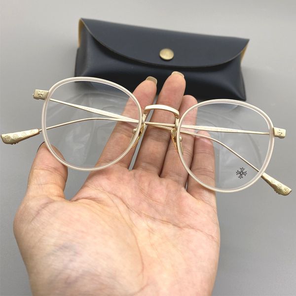 

crosin glasses round frame ultra light pure titanium small face art style versatile myopic flat lens, White;black