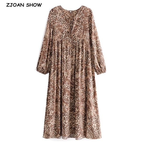 

bohemia bandage lacing up collar contrast color leopard print dress boho woman long sleeve maxi holiday dresses beach 210429, Black;gray