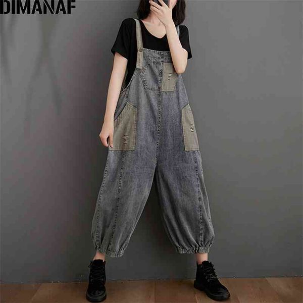 

plus size women jumpsuits long pants trousers autumn female clothing loose casual denim vintage hole lady 210531, Black;white