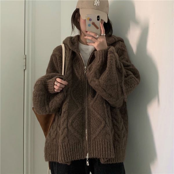 

women's knits & tees women autumn winter oversize knitted cardigan casual 2021 hooded twist sweater zipper long sleeve crochet out, White