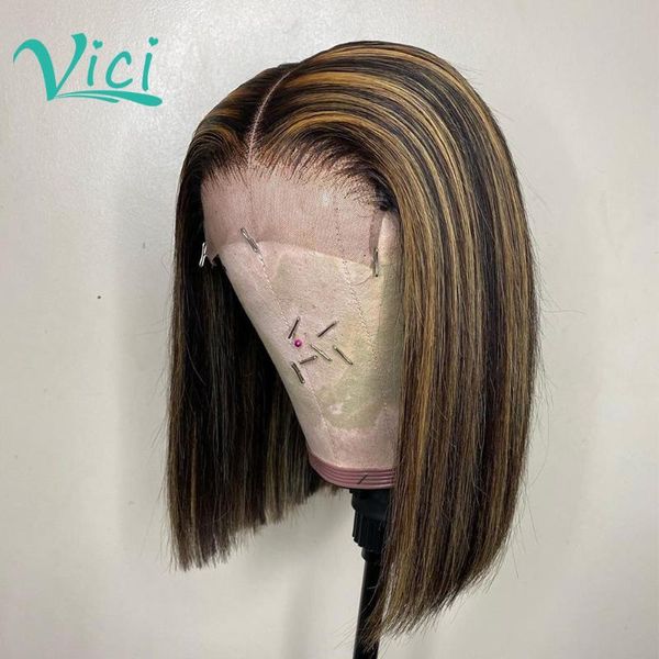 

lace wigs honey blonde 4x4 closure wig straight for black women colored short bob human hair preplucked with bady brazilian remy, Black;brown