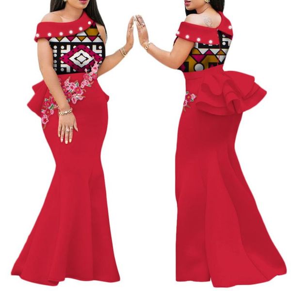 

ethnic clothing style african dress for women one shoulder formal dashiki party gowns ruffle robe floral printed traditional dresses, Red