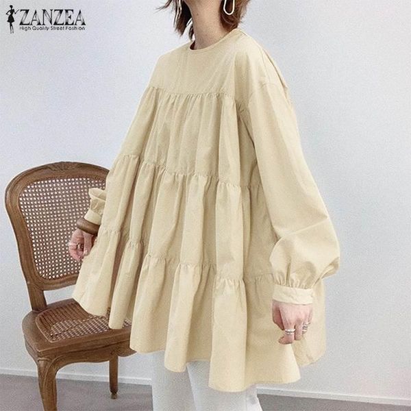 

women 2021 long puff sleeve blouses casual autumn crew neck patchwork soild shirts loose back button plus size women's &, White