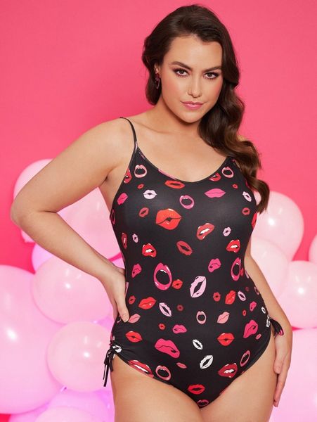 

plus mouth print backless drawstring side bodysuit g8zo#, Black