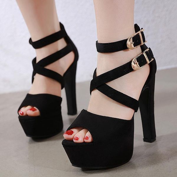 

dress shoes spring fashion thick high heels sandals suede open-toe, Black