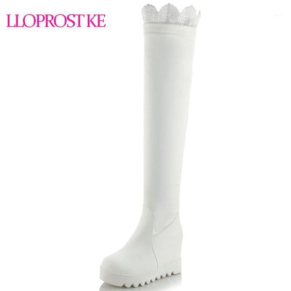 

boots lloprost ke plus size 33-43 women high platform lace warm fur thick bottoms shoes fashion over knee d7841, Black