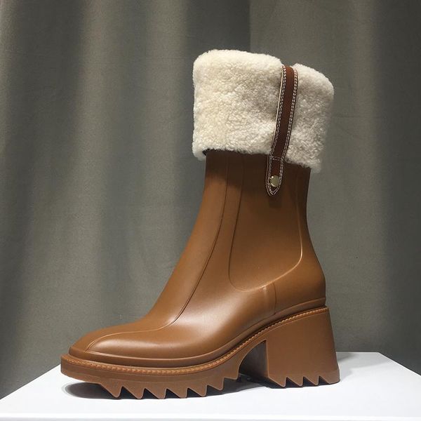 

luxury designers women half boots mixed color wool square toes rainboots chunky heels platform shoes combat ankle boot mart, Black