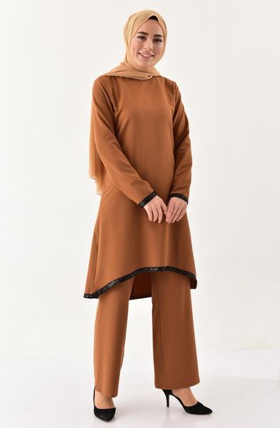 

minahill sequin detail tunic trousers double suit tan muslim fashion islamic clothing modest arab long 11174-01 ethnic, Red