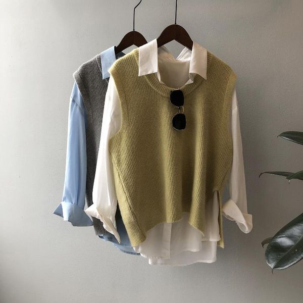 

women's vests 2021 autumn women o-neck vest solid color vintage design all match casual coat, Black;white