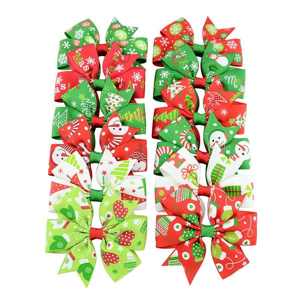 

12 colors girl christmas hair bows 3.1 inch bow boot lucky deer santa claus red green patchwork design baby girls elegant clippers kids acce, Slivery;white