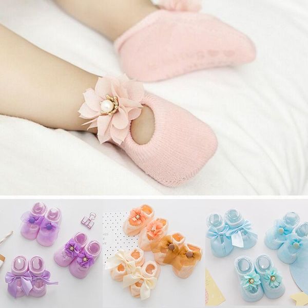

pcs/set born baby shoes lace flower bowknot girl socks soft cotton rubber sole anti slip toddler first walkers, Pink;yellow