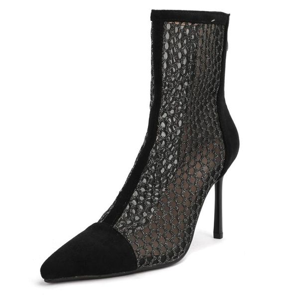 

summer women shoes mesh pu thin heel pointed toe zipper boots for black beige big yards 42 43