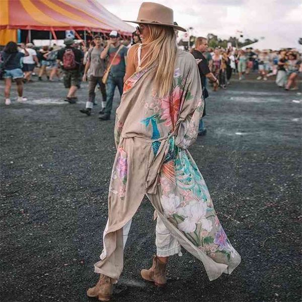 

kimono sleeve robe kaftan khaki floral print boho cardigan side slits gypsy beach summer autumn long women blouses blusas 210427, White