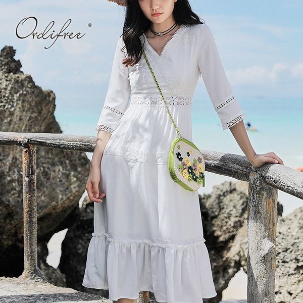 

vintage chic women white beach midi hollow out embroidery ruffle tunic elegant summer vacation party dress 210415, Black;gray