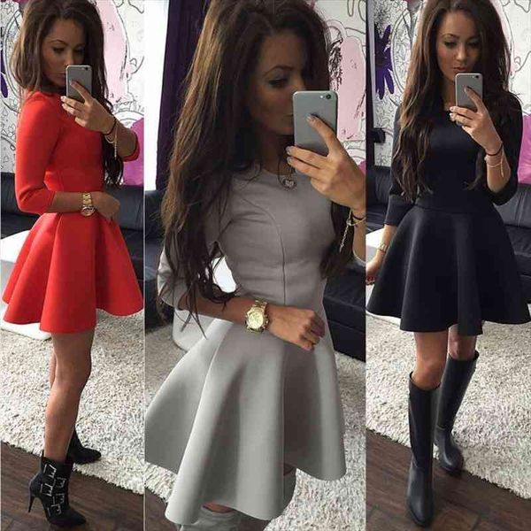 

long sleeved dress elegant belt vintage round neck pullover woman dresses red color christmas party clothing, Black;gray