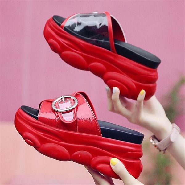 

slippers 9cm/3.5" height women's slides fashion wedge sandals woman summer thick bottom beach shoes flat platform sandalias mujer, Black