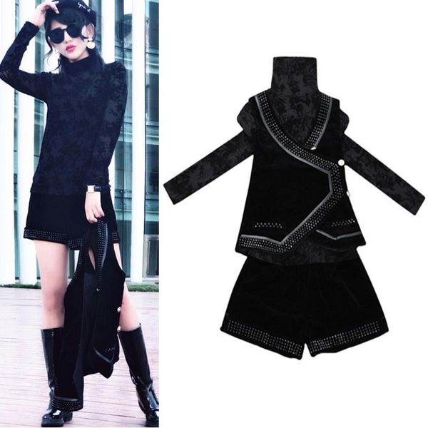 

women's suits & blazers 3 pieces velvet long sleeve turtleneck blouses diamond vest big bows fashion pants twinset party shorts ns964, White;black