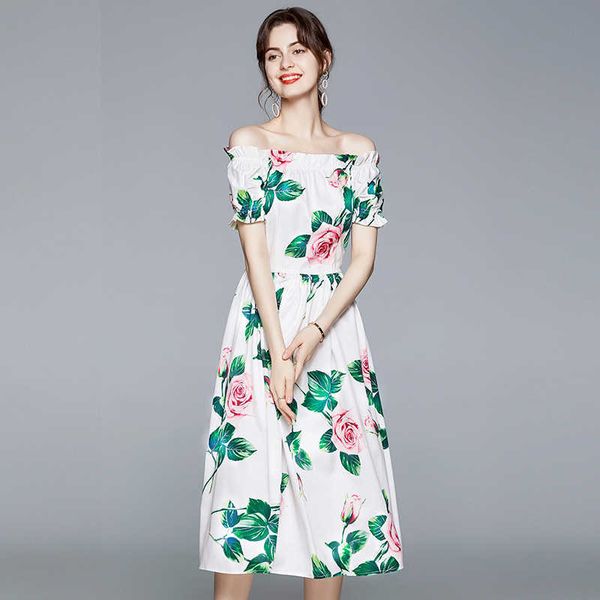 

summer runway rose printed dress women's cold cut out off shoulder slash neck floral print sundress holiday long 210529, Black;gray