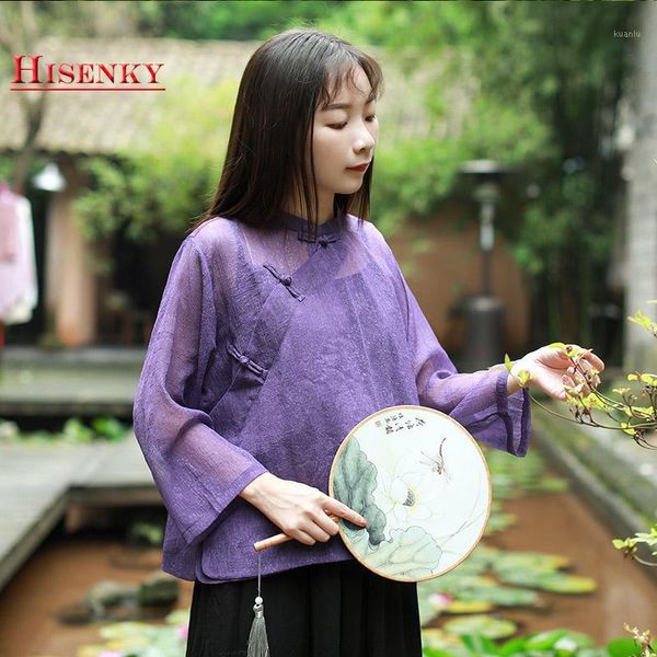 

hisenky 2021 summer chinese style blouse women mandarin collar three quarter sleeve chiffon shirt tang suit retro blouses women's & sh, White
