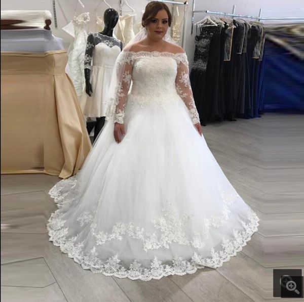 

robe mariage off the shoulder long sleeves vintage wedding dress plus size ball gown princess puffy lace applique bridal gowns scoop necklin, White