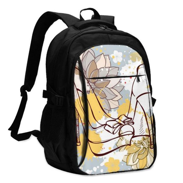 

backpack usb charge women floral shoes and beautiful flowers with butterflies student letters print school bag
