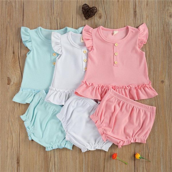 

summer baby girl\u2021s vest shorts suit fresh solid color sleeve ruffles wrapped short cotton children infant clothing sets, White