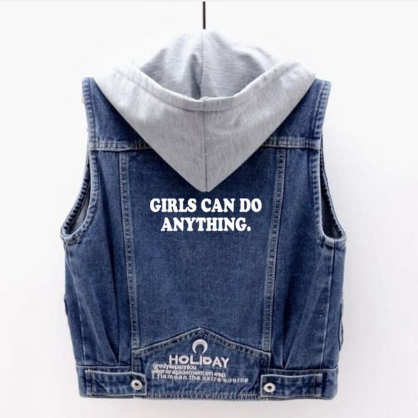 

women's vests girls can do anything letter printted oversized vest women detachable hooded side pockets sleeveless jeans jacket female, Black;white