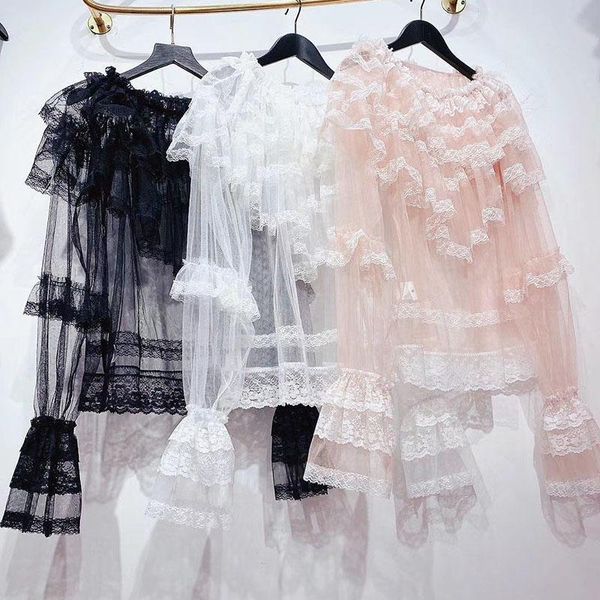 

women's polos elegant ruffle blouses for women o neck flare sleeve female summer perspective mesh patchwork lace blouse, White